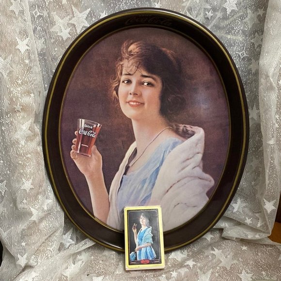 Vintage 1983 Coca-Cola Coca Cola Coke Tin Tray cards Woman Lady Drinking Oval